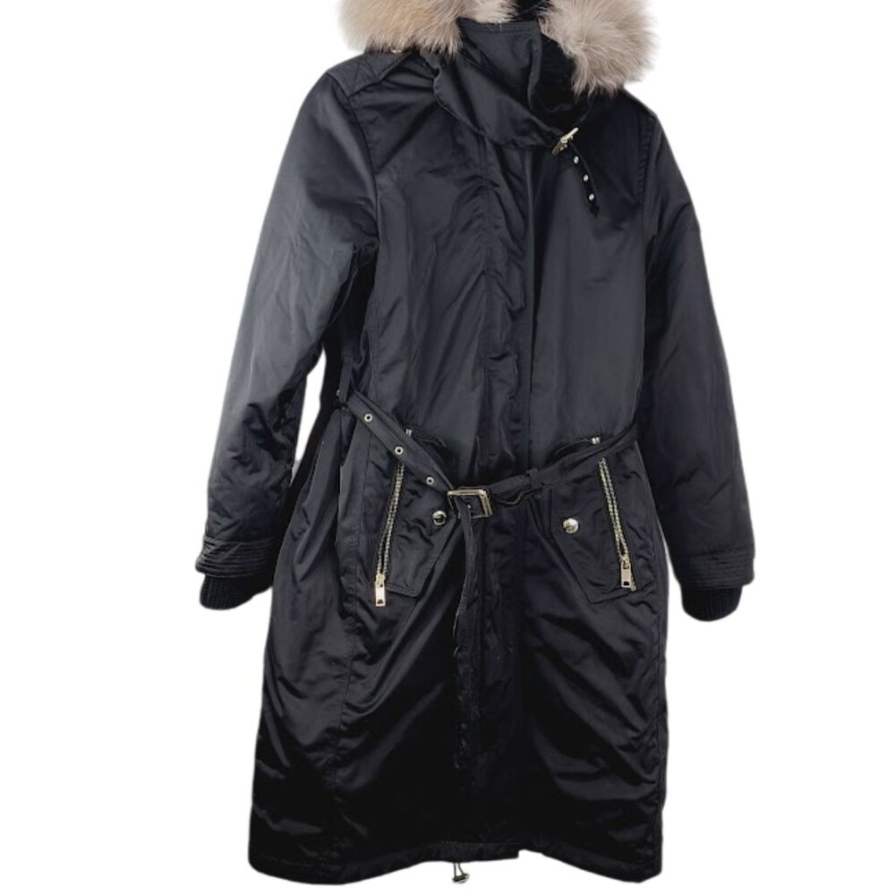 Burberry Women's Black Faux Fur Hoodie Winter Snow‎ Trench Coat Size 4